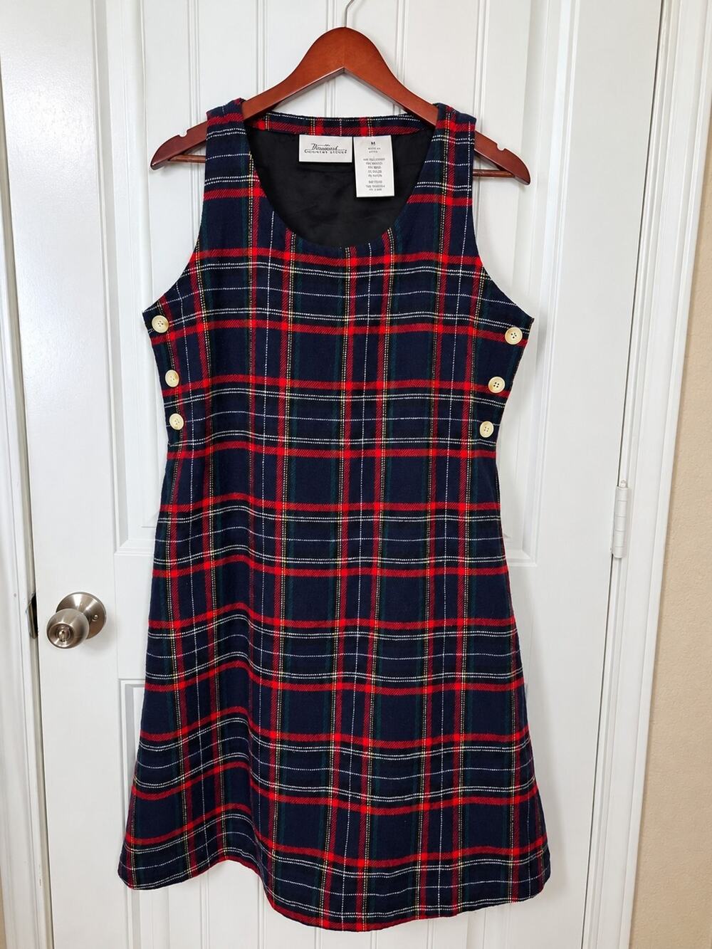 Plaid Sleeveless A-Line Mini Dress with Side Buttons - Navy & Red